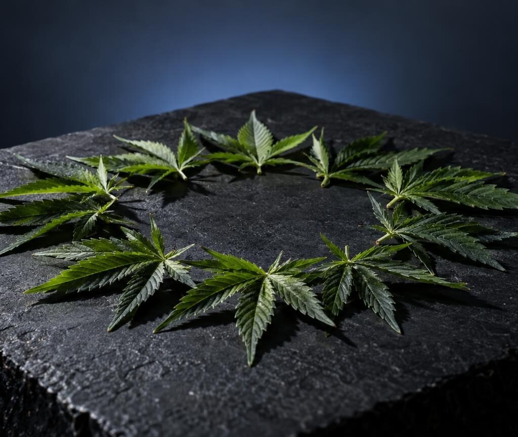 Foglie di cannabis disposte in cerchio su superficie nera, illustrando la materia prima del Liquido CBD