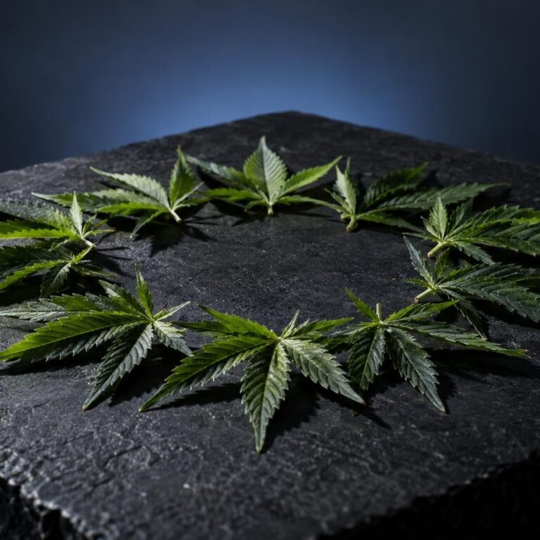 Foglie di cannabis disposte in cerchio su superficie nera, illustrando la materia prima del Liquido CBD
