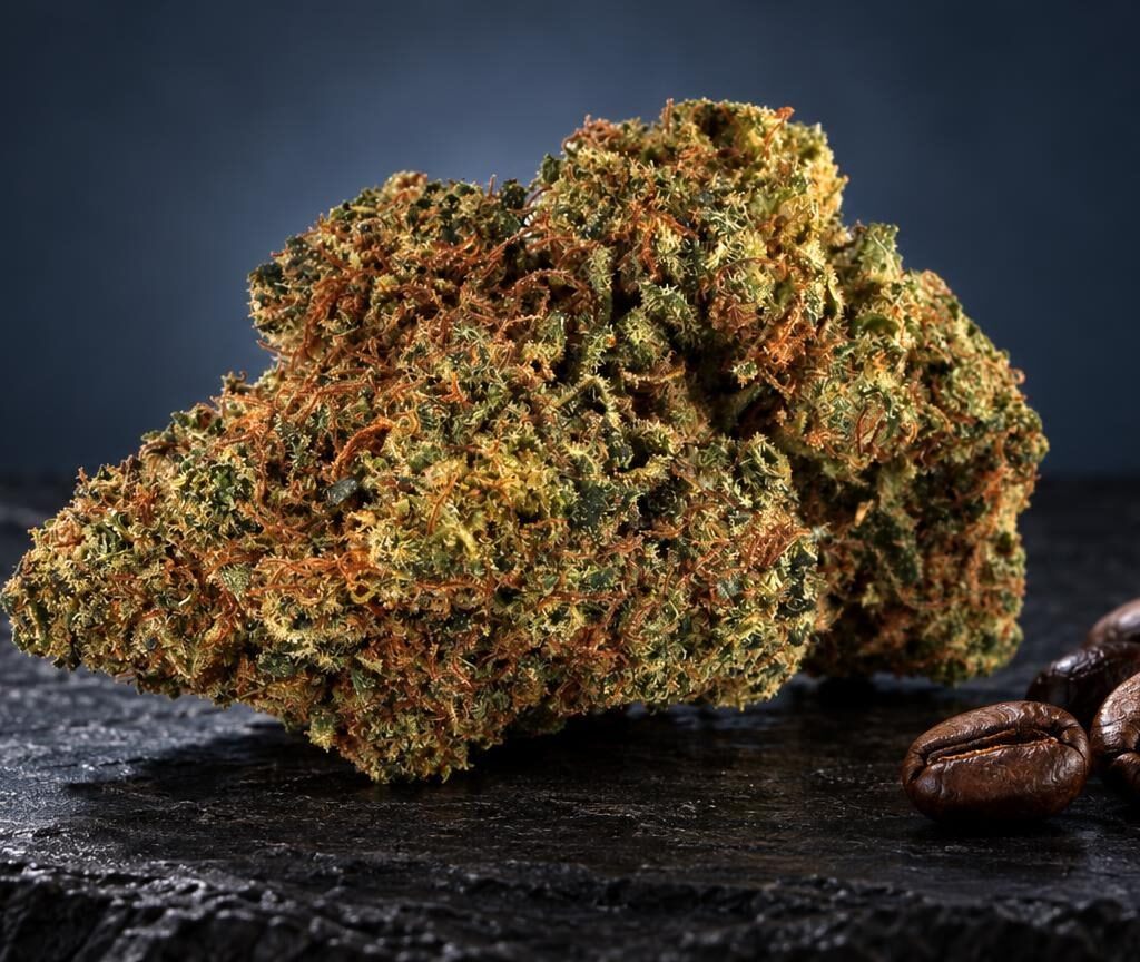 Marijuanas fiore Diamond Kush con cristalli ambrati e sfumature verdi, accanto a semi scuri, su sfondo nero
