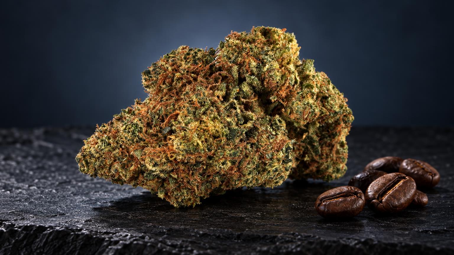 Marijuanas fiore Diamond Kush con cristalli ambrati e sfumature verdi, accanto a semi scuri, su sfondo nero