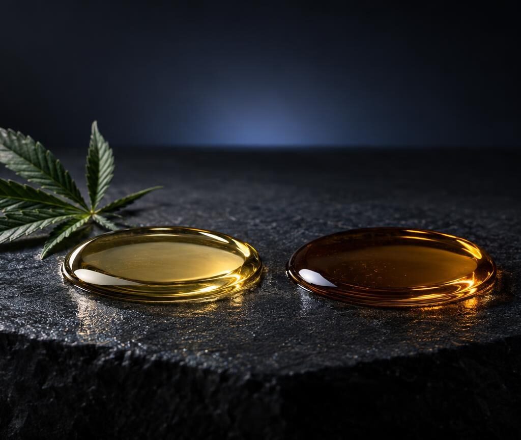 Due gocce di olio trasparente, una chiara e una ambrata, accanto a una foglia di cannabis su superficie scura