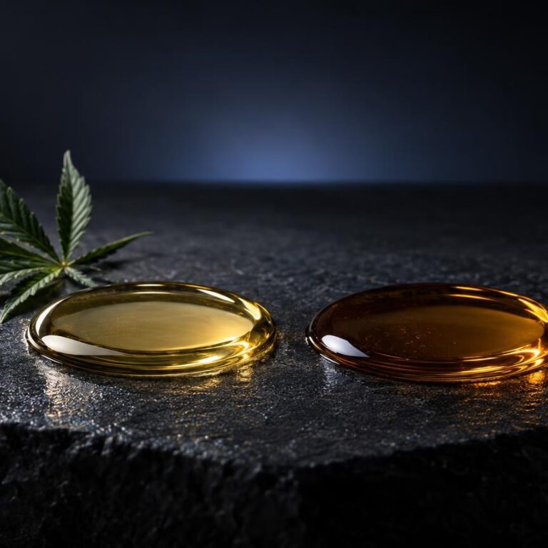Due gocce di olio trasparente, una chiara e una ambrata, accanto a una foglia di cannabis su superficie scura