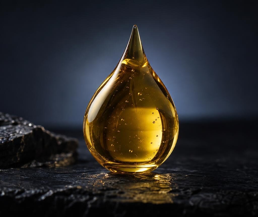 Goccia di olio dorato trasparente su superficie scura, articolo su Olio di CBD, benefici