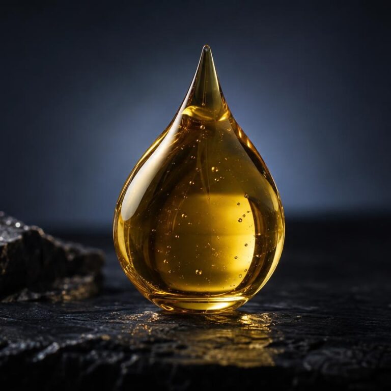 Goccia di olio dorato trasparente su superficie scura, articolo su Olio di CBD, benefici