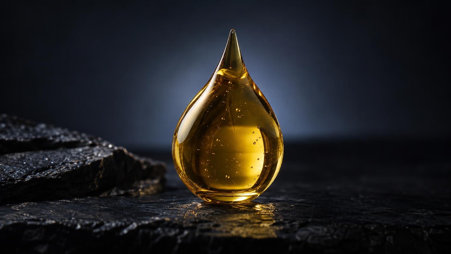 Goccia di olio dorato trasparente su superficie scura, articolo su Olio di CBD, benefici