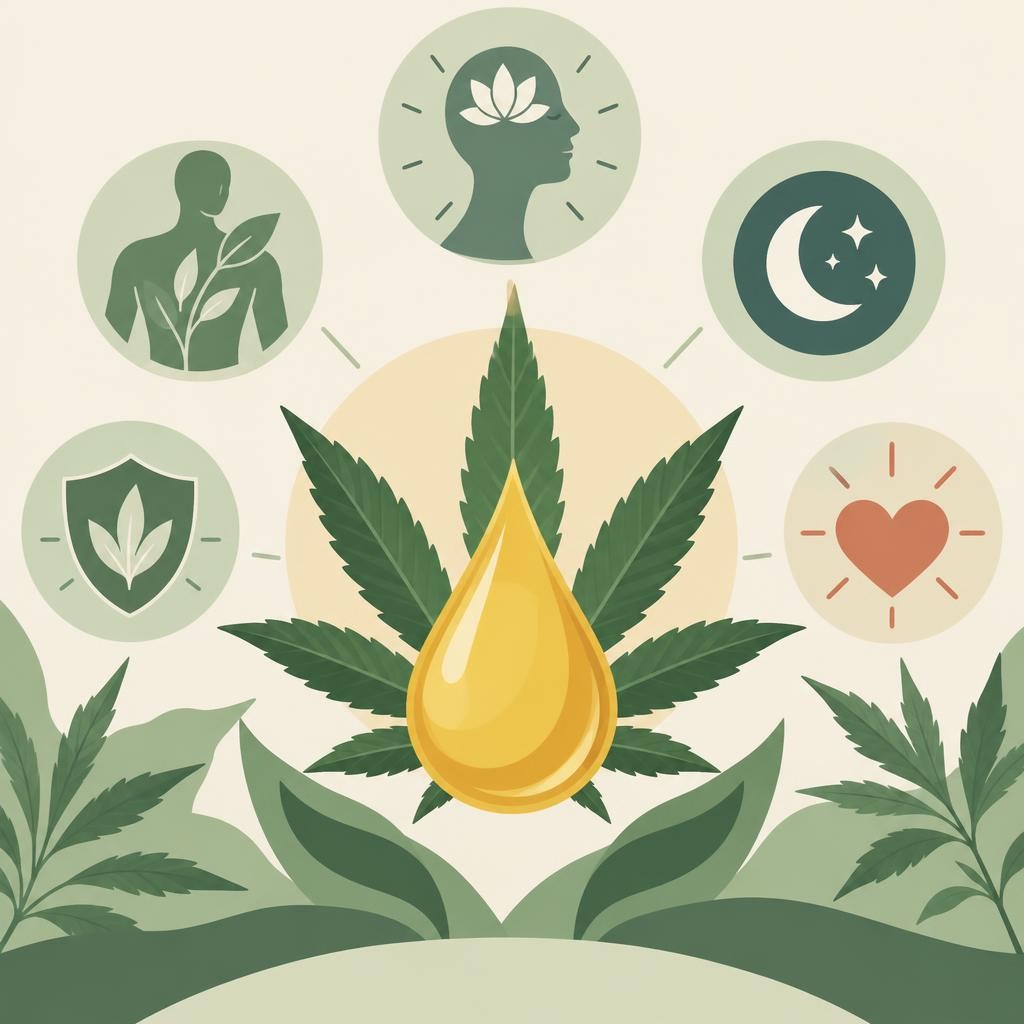 Olio di CBD, benefici: disegno in piano con motivi vegetali — Quali sono i benefici dell'olio di CBD?
