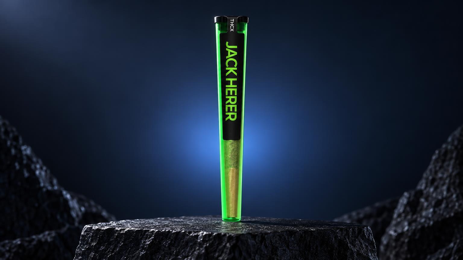 Cilindro verde e nero su roccia scura, sfondo blu, articolo su Preroll