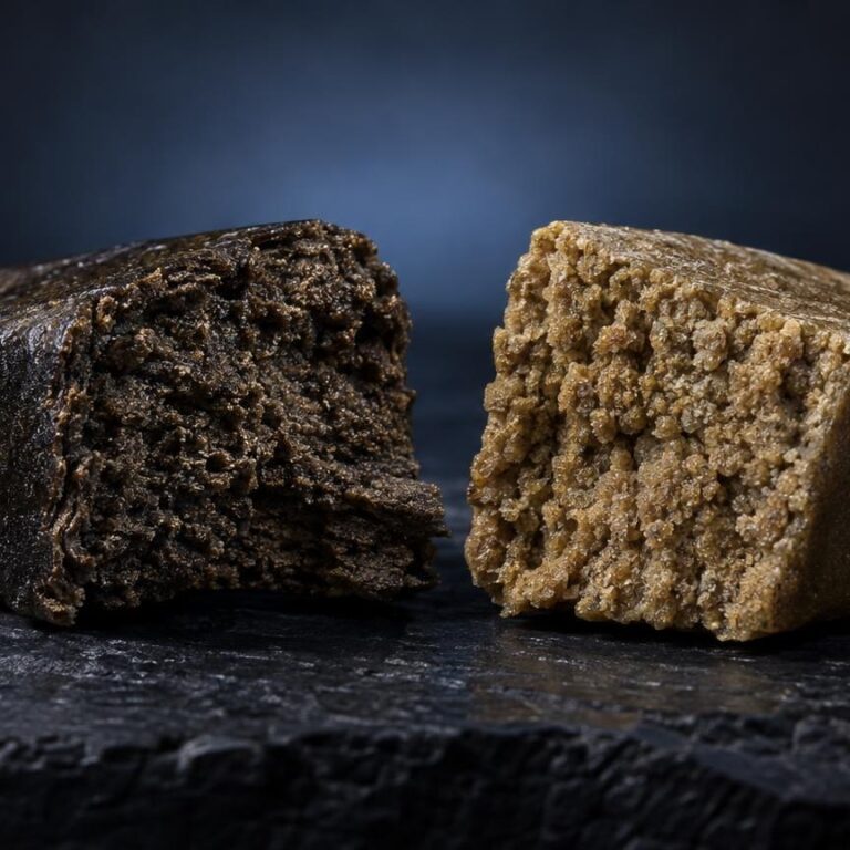 Resina THC: due campioni di resina con texture granulosa, uno più scuro e uno più chiaro, su superficie nera opaca