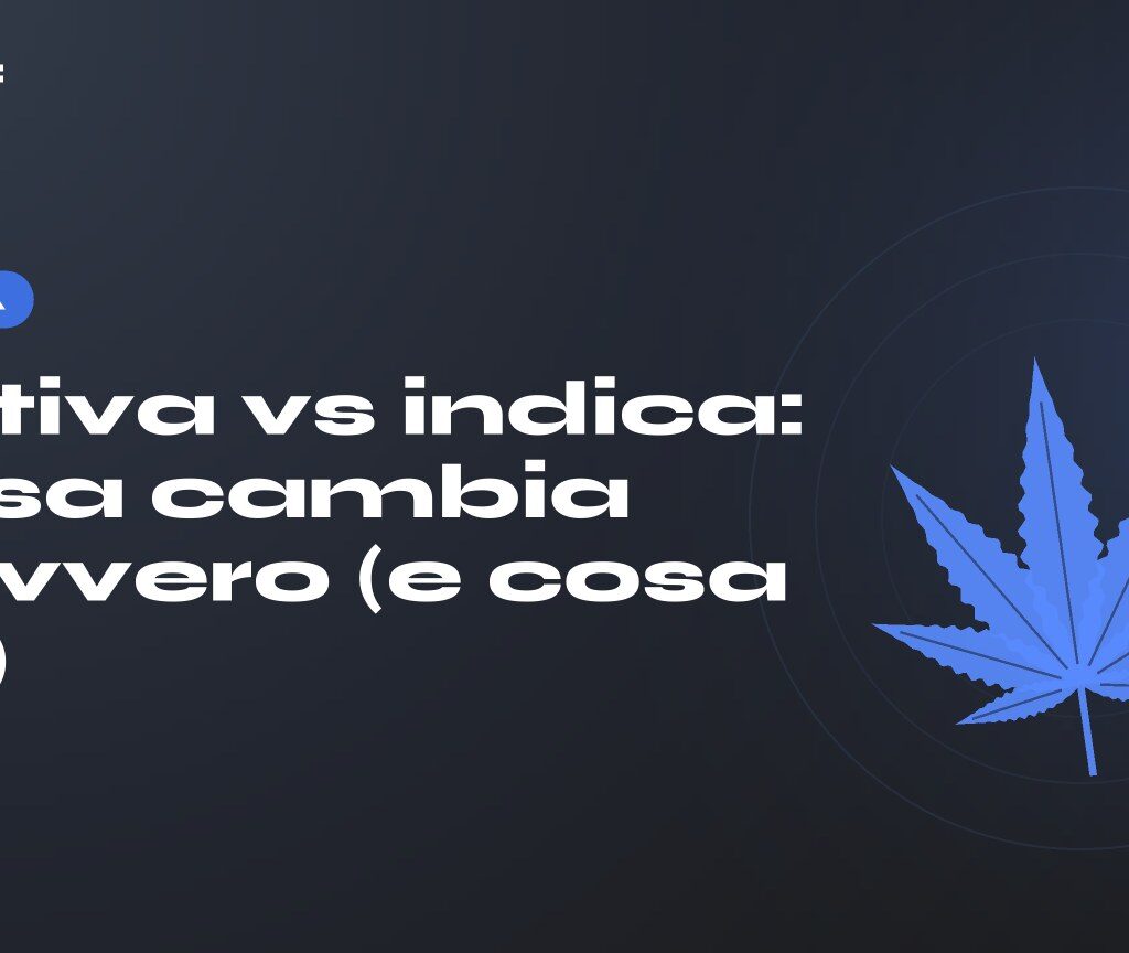 Sativa vs indica: cosa cambia davvero (e cosa no) — titolo su fondo scuro, foglia di canapa stilizzata