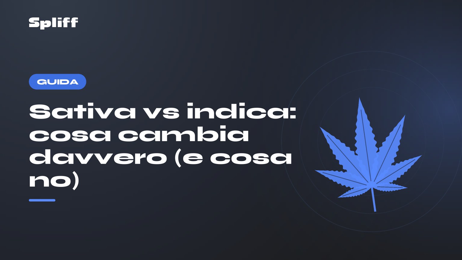 Sativa vs indica: cosa cambia davvero (e cosa no), titolo su fondo scuro, foglia di canapa stilizzata