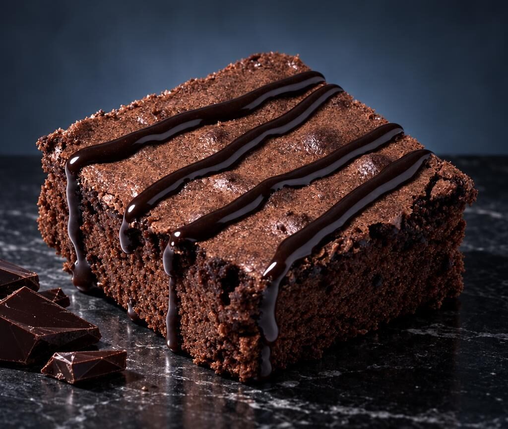 Brownie al cioccolato con glassa nera su superficie scura, accompagnato da pezzetti di cioccolato