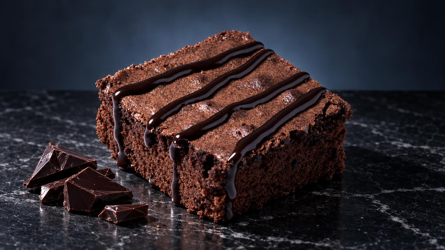 Space cakes in Amsterdam: brownie al cioccolato con glassa nera su superficie scura, accompagnato da pezzetti di cioccolato