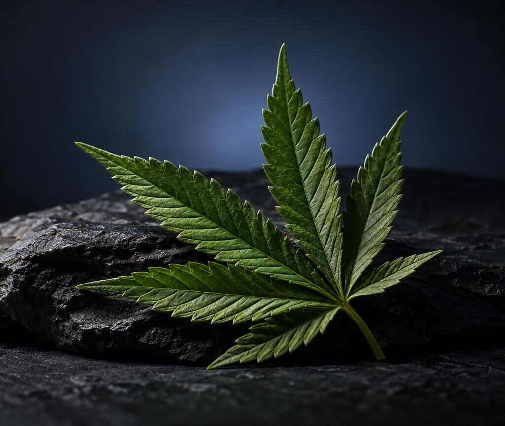 Foglia verde di cannabis con tre punte caratteristiche su sfondo di roccia grigia scura, tema relativo agli space cookies