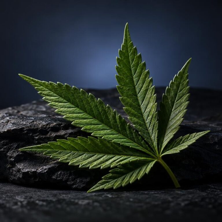Foglia verde di cannabis con tre punte caratteristiche su sfondo di roccia grigia scura, tema relativo agli space cookies