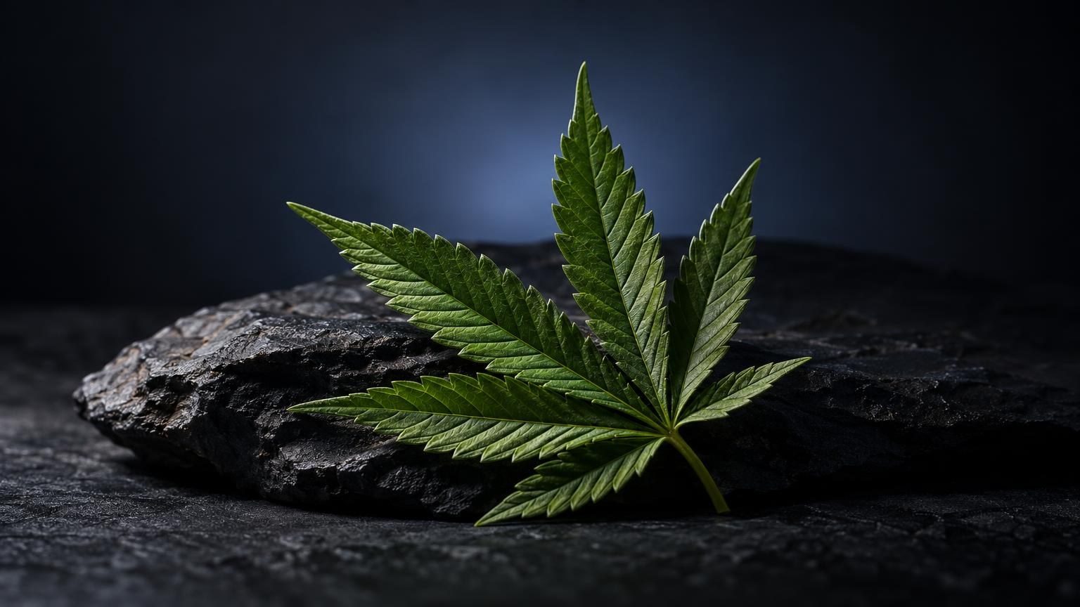 Foglia verde di cannabis con tre punte caratteristiche su sfondo di roccia grigia scura, tema relativo agli space cookies
