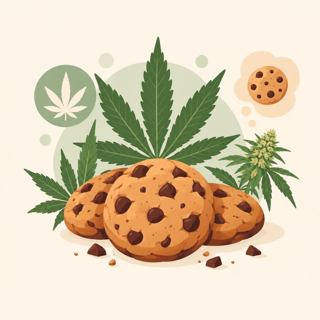 Biscotti con gocce di cioccolato circondati da foglie di cannabis, illustrazione su tema space cookies