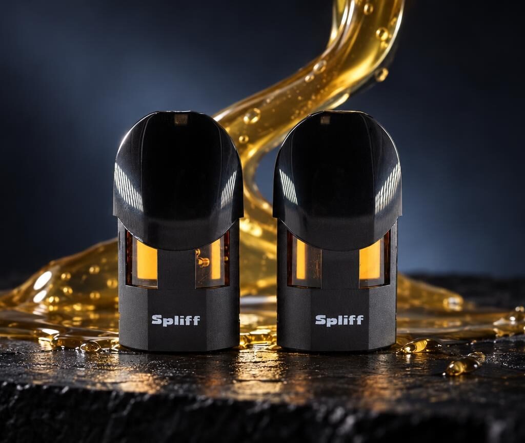 Due Magic Pod neri con dettagli dorati e olio trasparente che goccia, su sfondo scuro, per articolo su Terpeni: significato