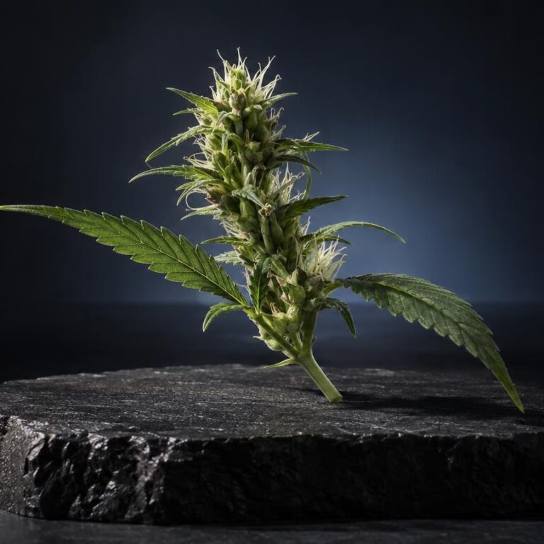 Pianta di cannabis con fiori e foglie verdi su roccia scura, rappresentazione dei terpeni significato