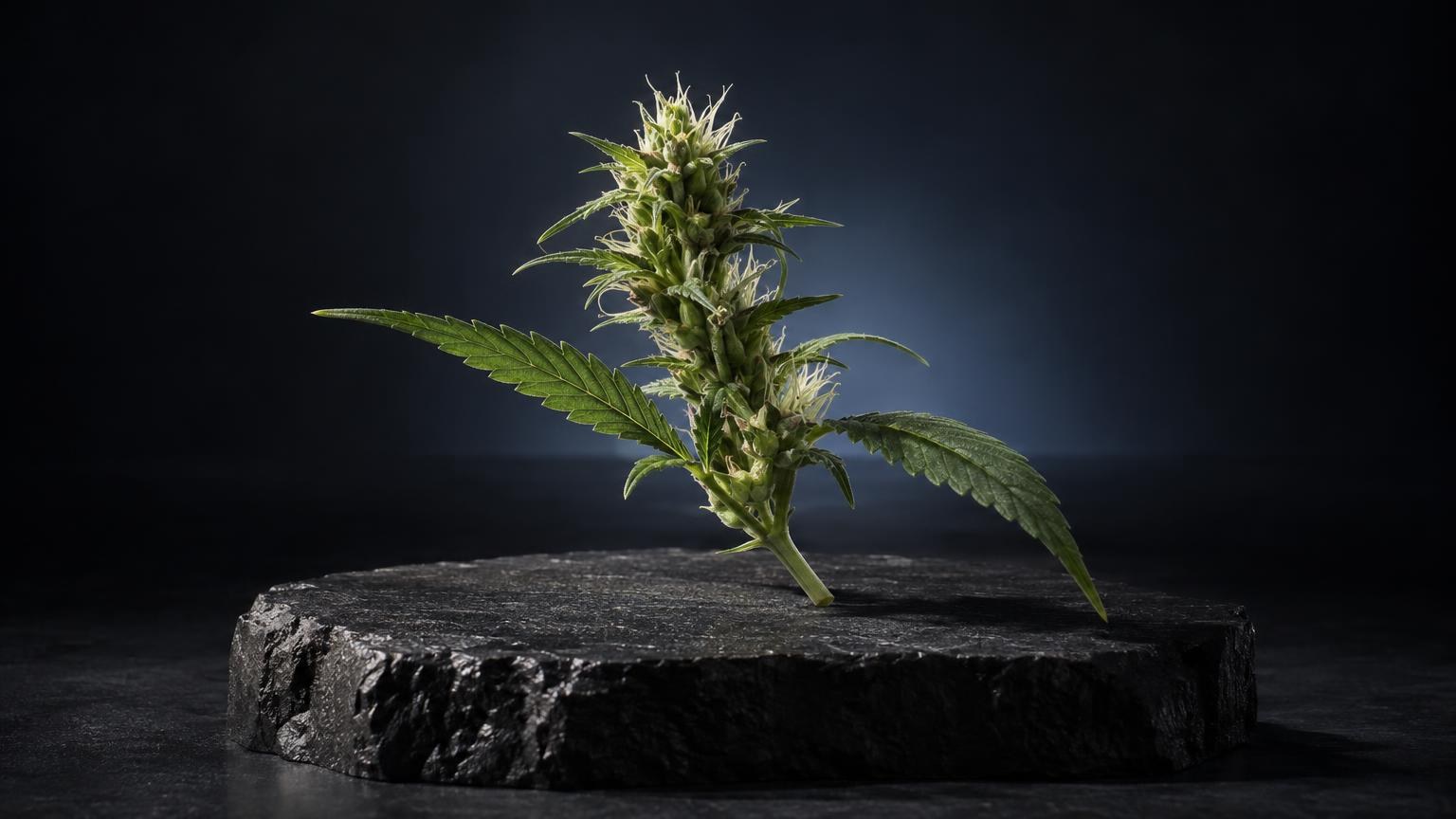 Pianta di cannabis con fiori e foglie verdi su roccia scura, rappresentazione dei terpeni significato