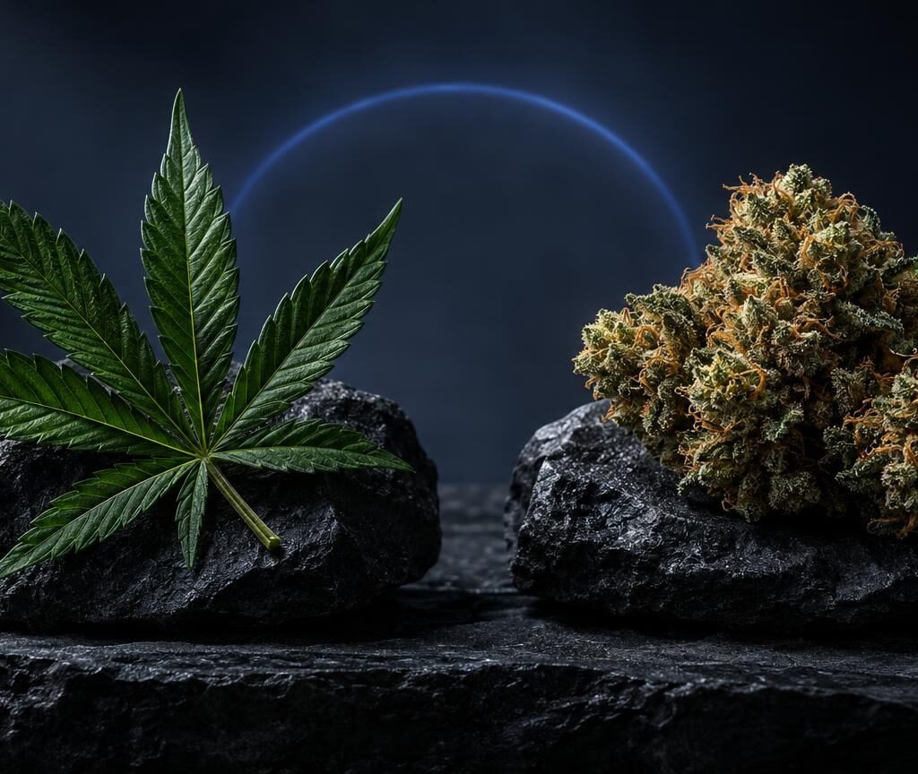 Foglia verde e infiorescenza dorata di cannabis su rocce grigie, con alone luminoso blu sullo sfondo, articolo su THC e CBD