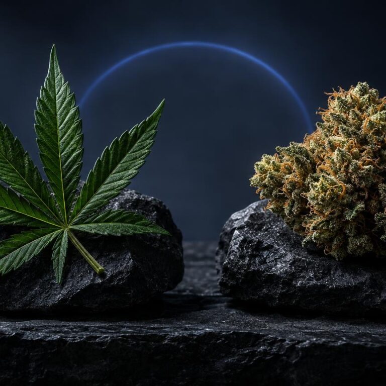 Foglia verde e infiorescenza dorata di cannabis su rocce grigie, con alone luminoso blu sullo sfondo, articolo su THC e CBD