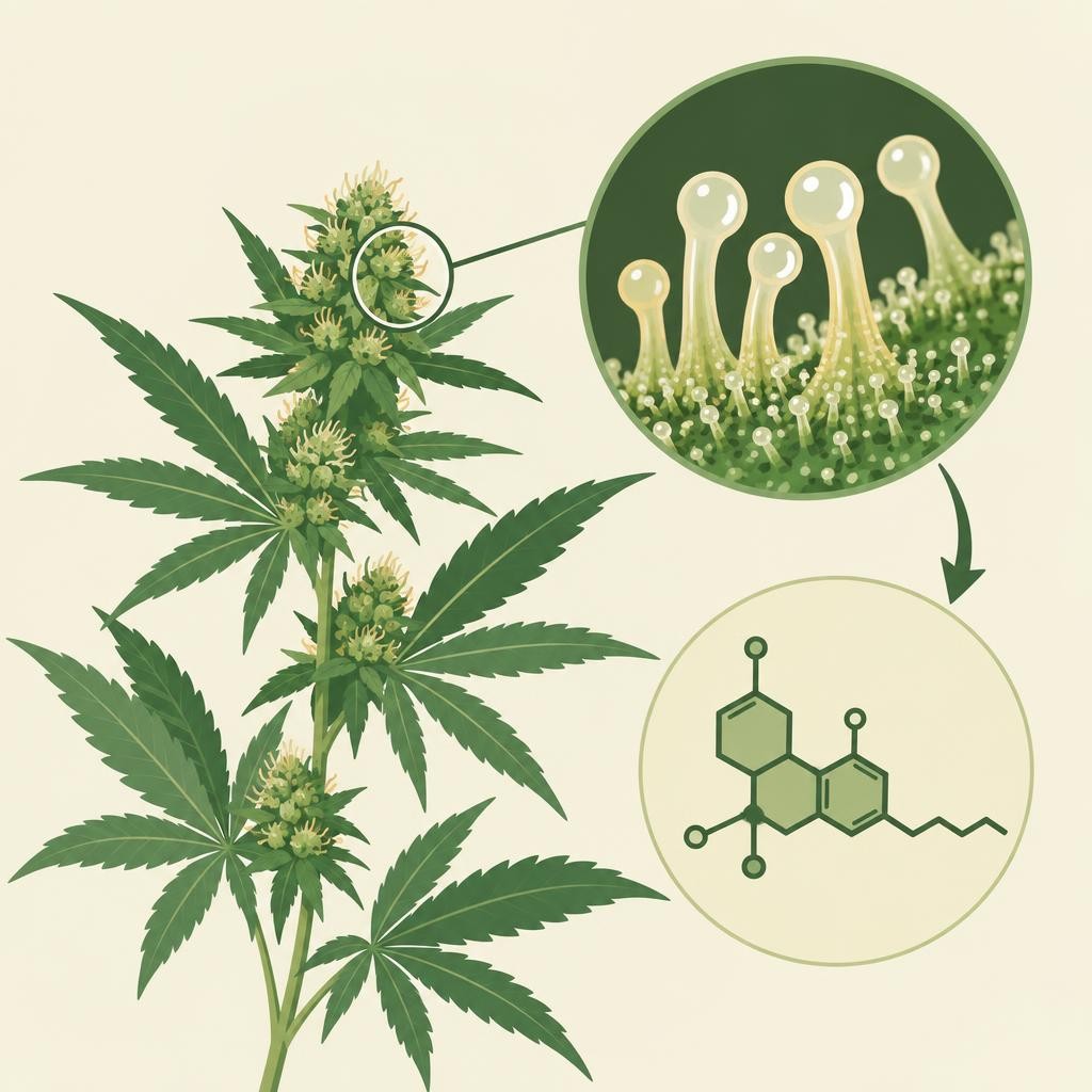 Pianta di cannabis con fiori e foglie, dettagli microscopici dei tricomi, formula molecolare del THC