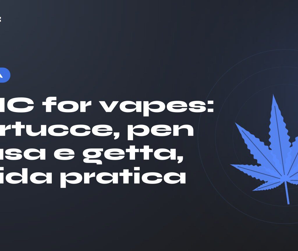 THC for vapes: titolo su fondo scuro, foglia di canapa stilizzata
