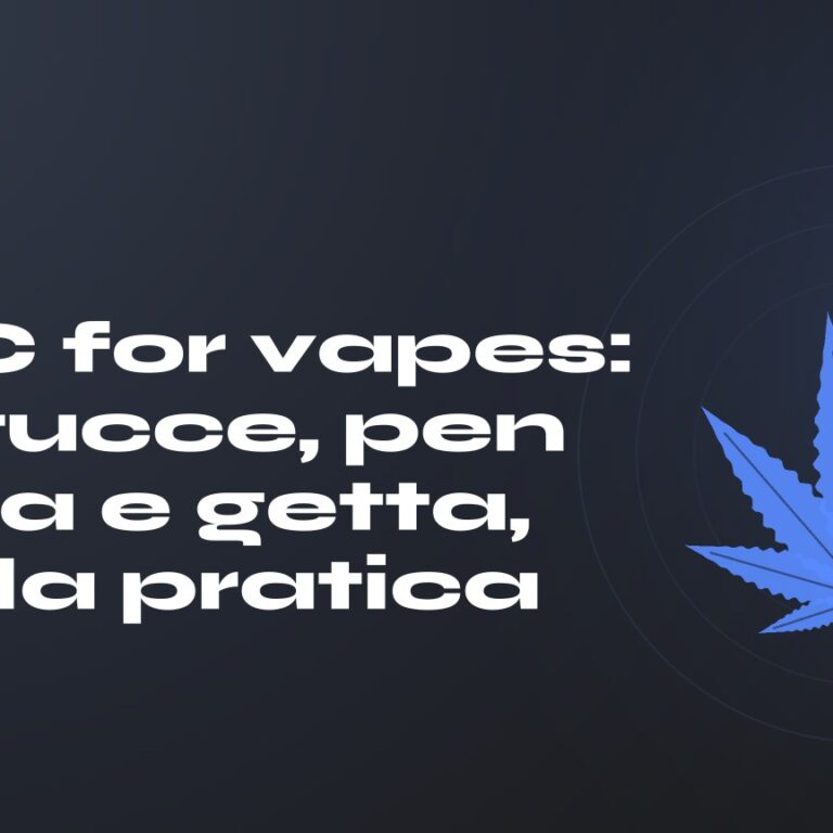 THC for vapes: titolo su fondo scuro, foglia di canapa stilizzata