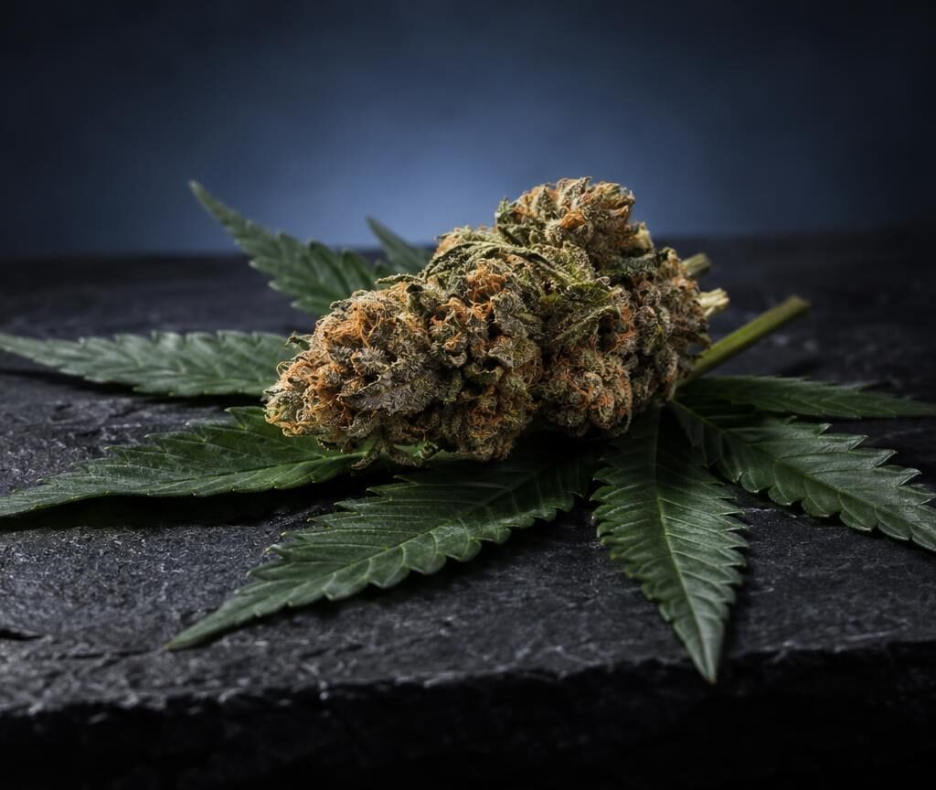 Fiore di cannabis con foglie verdi su superficie grigia, rappresentazione della materia prima contenente THCA