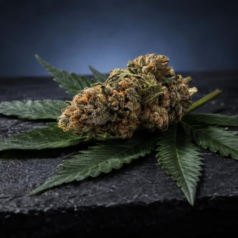 Fiore di cannabis con foglie verdi su superficie grigia, rappresentazione della materia prima contenente THCA