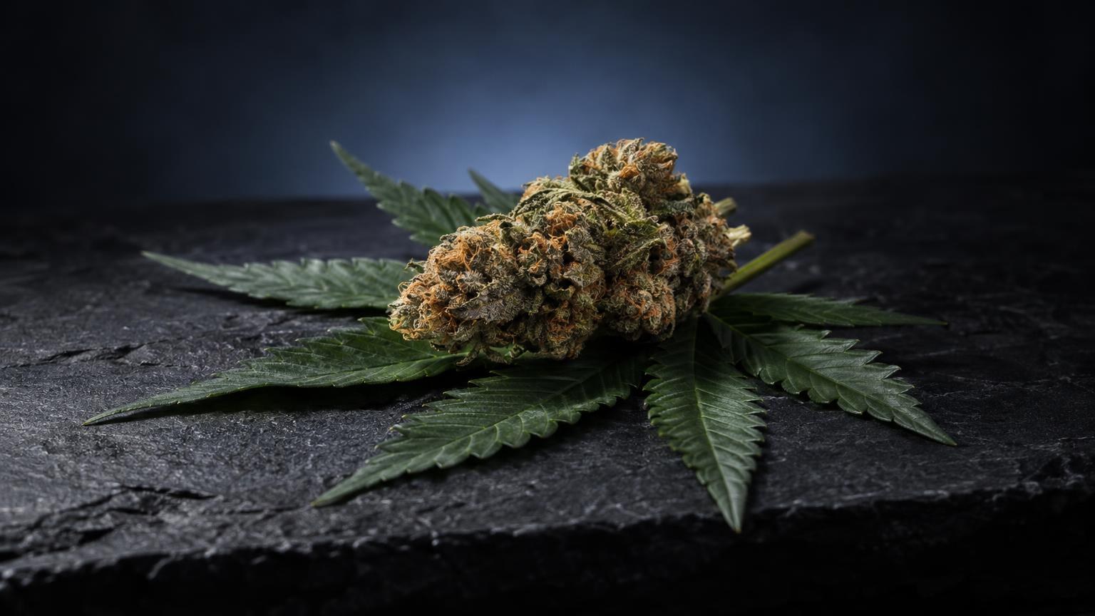 Fiore di cannabis con foglie verdi su superficie grigia, rappresentazione della materia prima contenente THCA