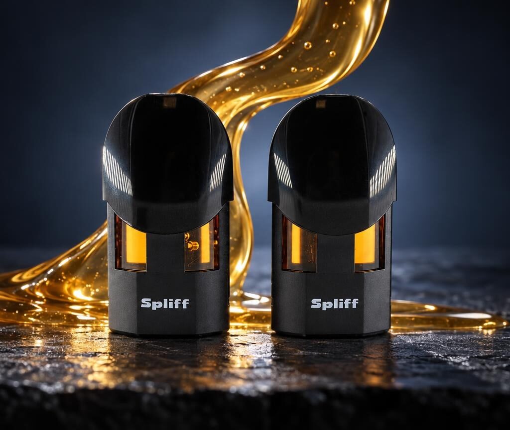 Due Magic Pod neri con dettagli dorati, circondati da liquido ambrato che scorre, su sfondo blu scuro