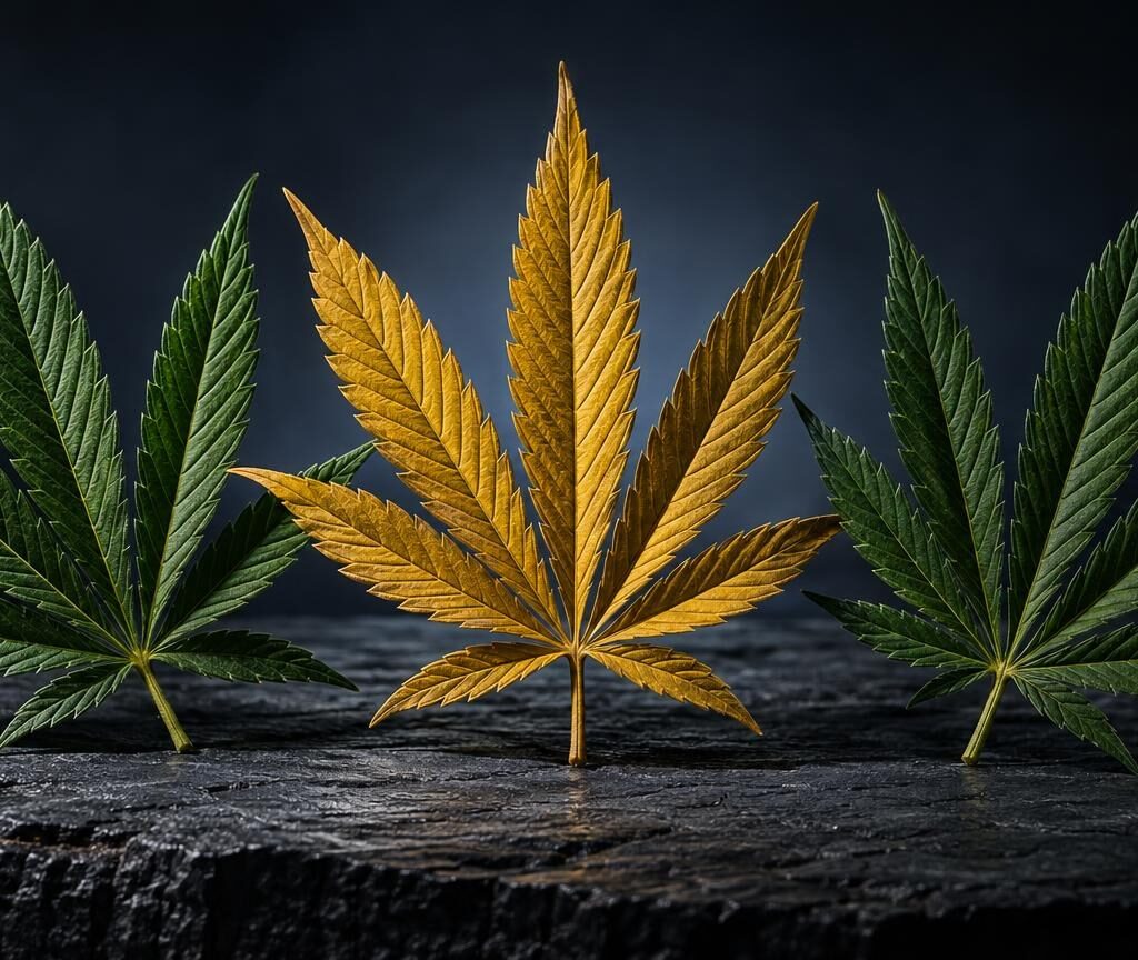 THVC: tre foglie di cannabis su superficie scura, due verdi e una dorata al centro, illuminate su sfondo blu scuro