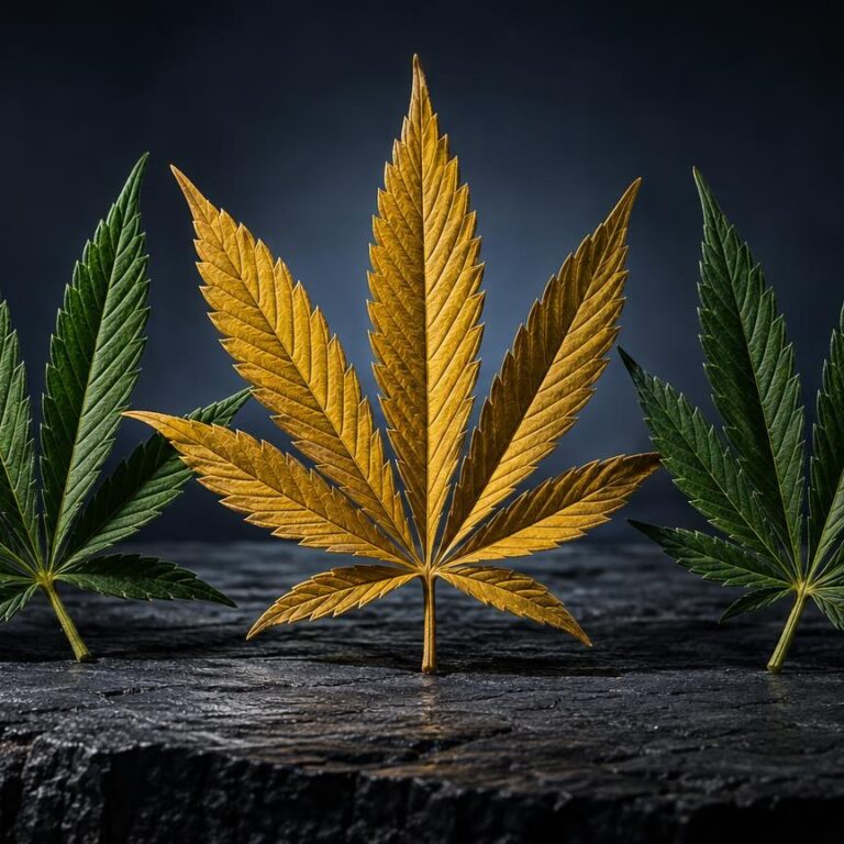 THVC: tre foglie di cannabis su superficie scura, due verdi e una dorata al centro, illuminate su sfondo blu scuro