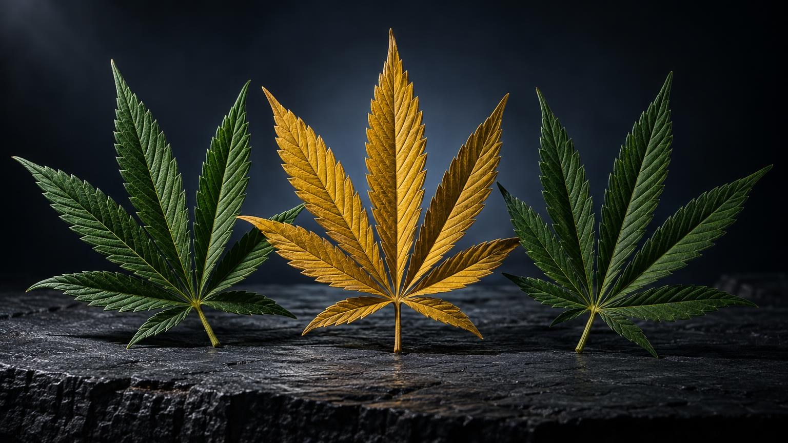 THVC: tre foglie di cannabis su superficie scura, due verdi e una dorata al centro, illuminate su sfondo blu scuro